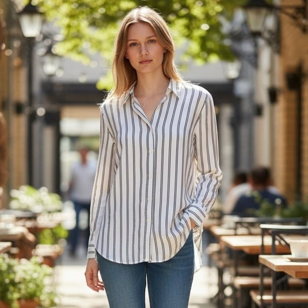 LRL Womens Button Down 2X Runs Small White Cotton Striped Nautical Preppy Chic